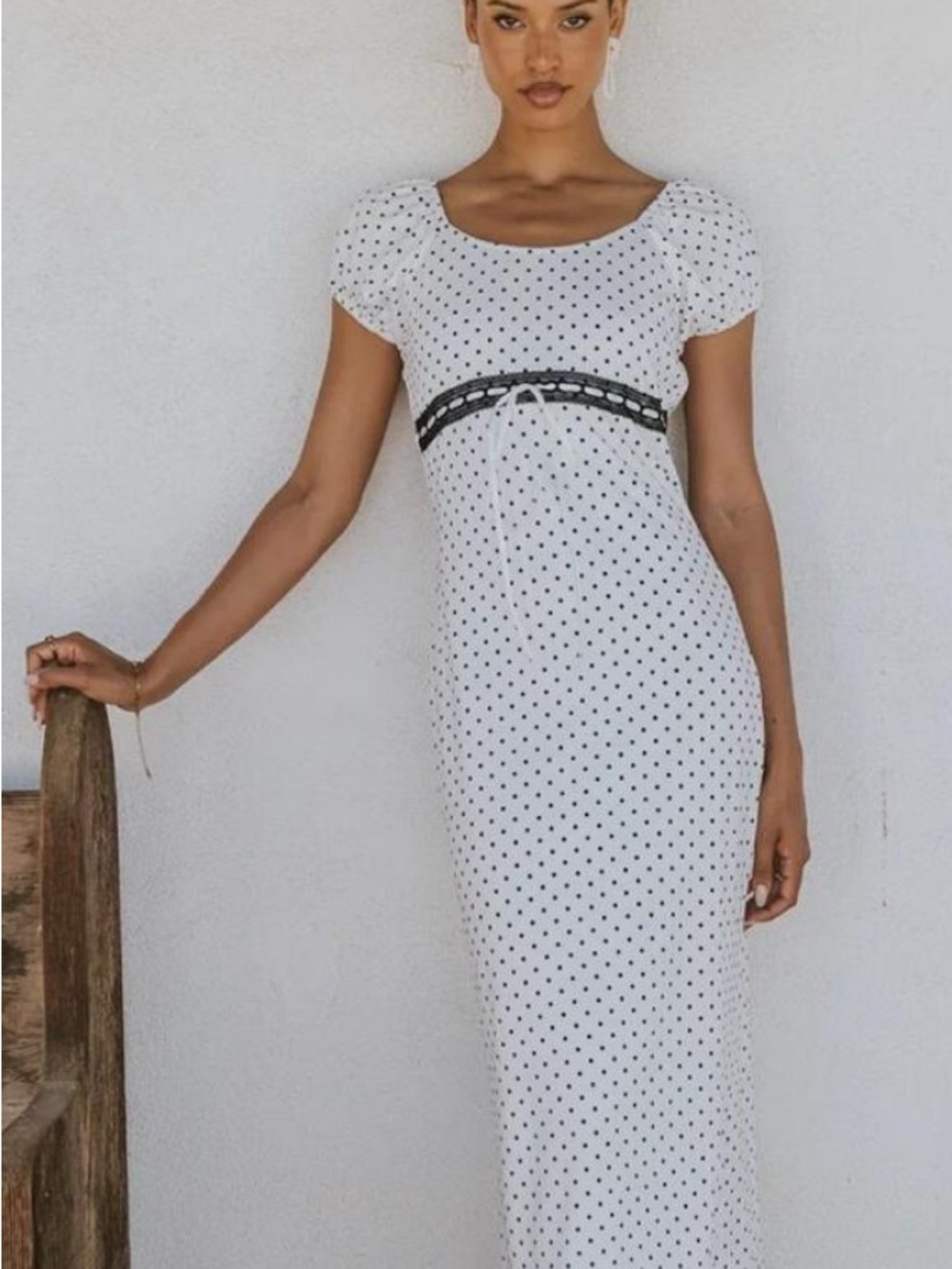 bohme White Maxi Dress with Black Polka Dots and Black Trim